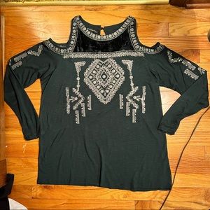 INC Cold-Shoulder Velvet & Embroidered Long sleeved top